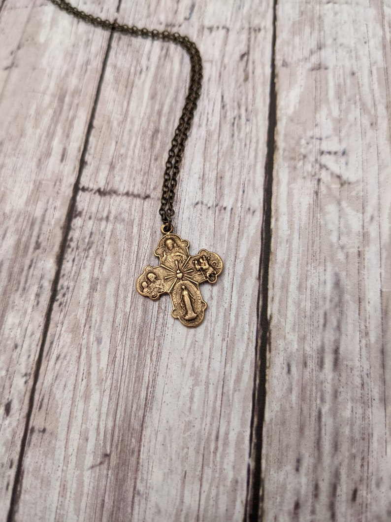 Catholic Religious Medal Necklace with Four Way Cross in Antique Bronze or Sterling Silver image 3