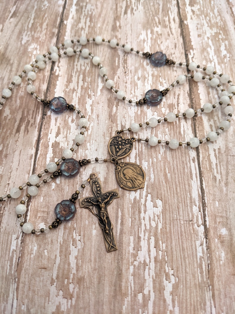 St. Mary Magdalene shops Catholic Rosary Beads - Lily of the Valley - Moonstone - Antique Bronze