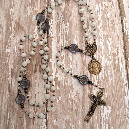 St. Mary Magdalene shops Catholic Rosary Beads - Lily of the Valley - Moonstone - Antique Bronze