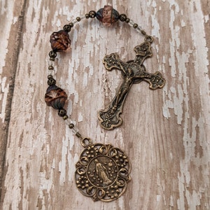 Catholic Rosary Three Hail Marys Devotion Chaplet in Bronze and Pink Glass image 6