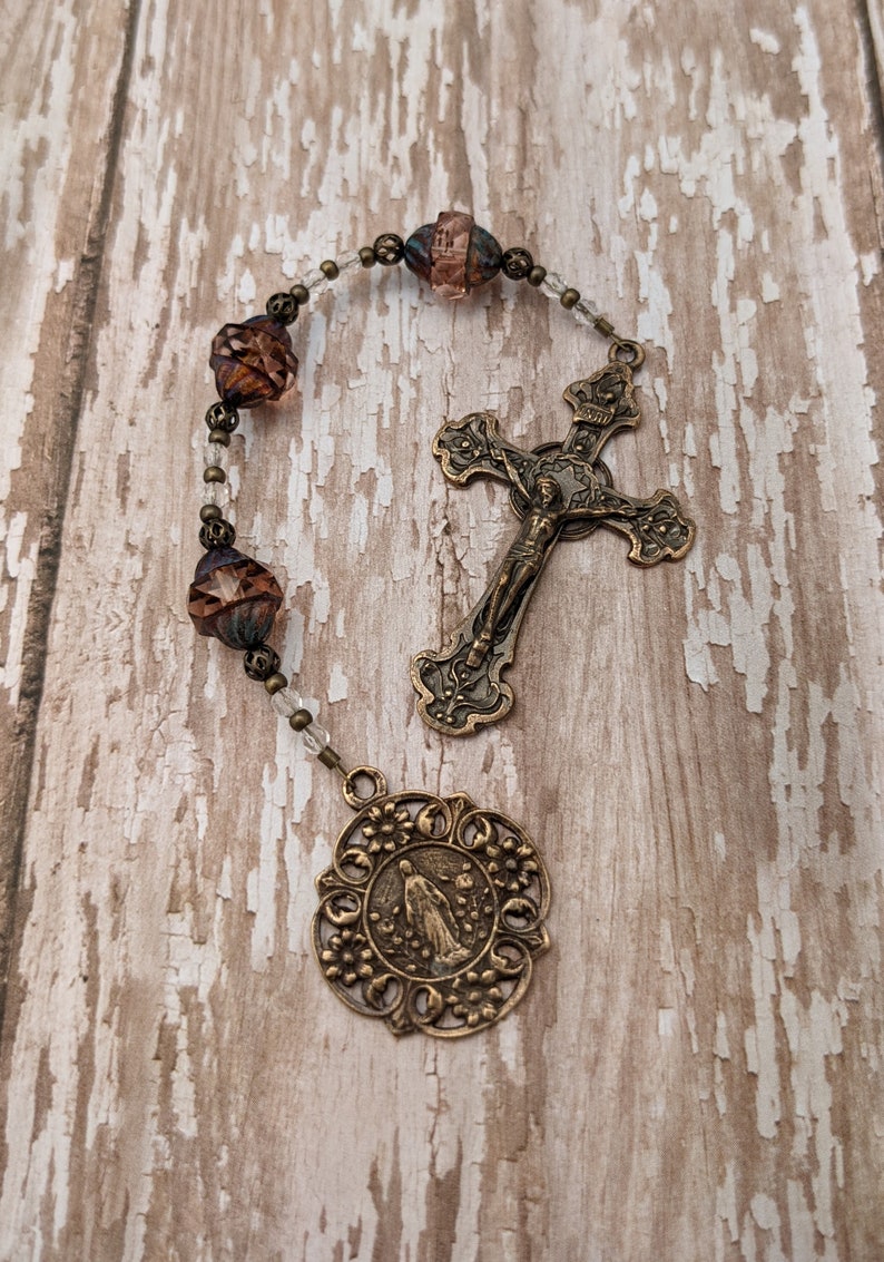 Catholic Rosary Three Hail Marys Devotion Chaplet in Bronze and Pink Glass image 6