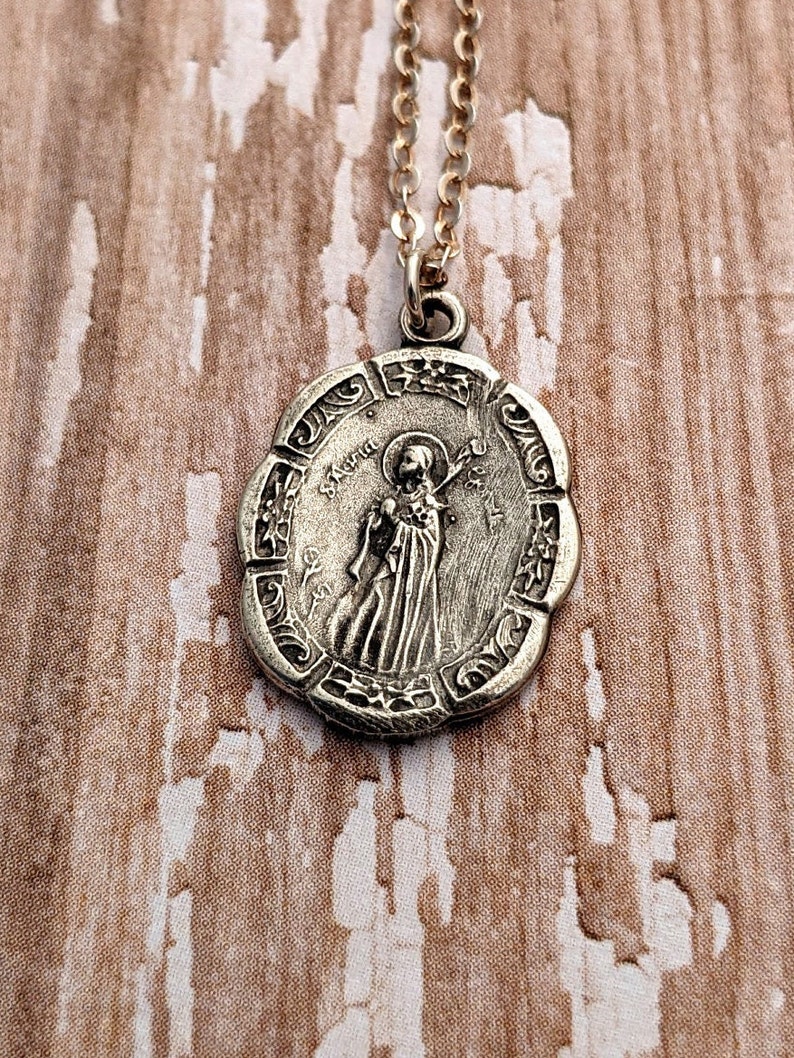 St. Maria Goretti Catholic Medal Necklace Antique Bronze Sterling Silver Vintage Replica Confirmation Saint image 3