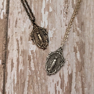 Miraculous Medal Catholic Religious Medal Chain Necklace Antique Bronze Sterling Silver image 2