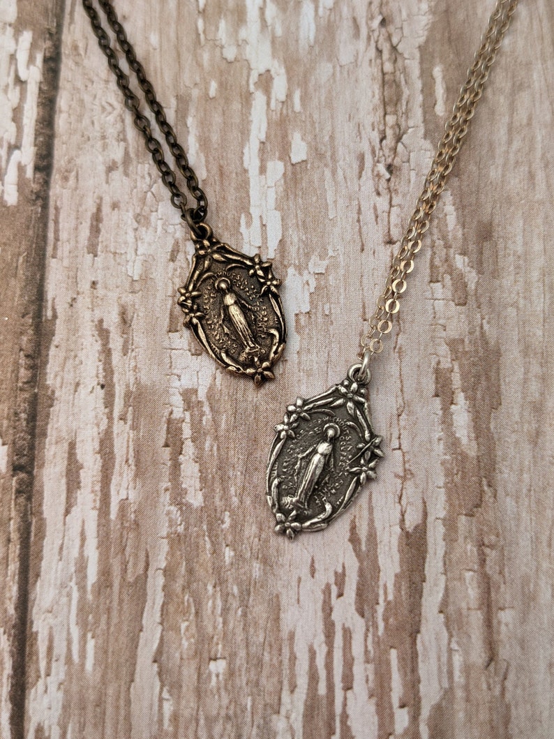 Miraculous Medal Catholic Religious Medal Chain Necklace Antique Bronze Sterling Silver image 2