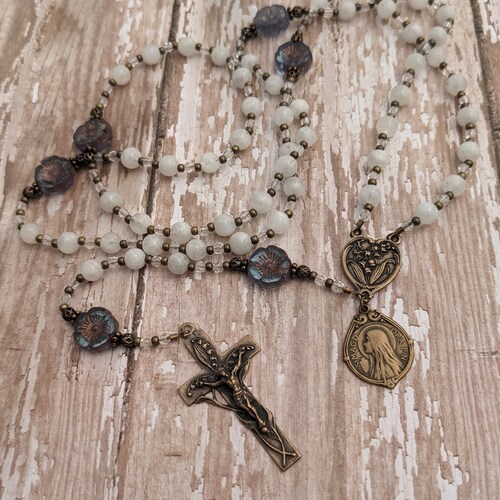 St. Mary Magdalene shops Catholic Rosary Beads - Lily of the Valley - Moonstone - Antique Bronze