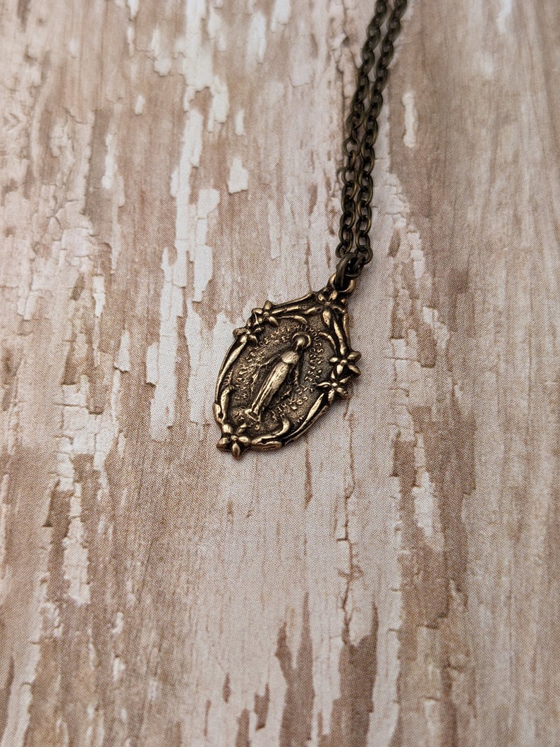 Miraculous Medal Catholic Religious Medal Chain Necklace Antique Bronze Sterling Silver image 3