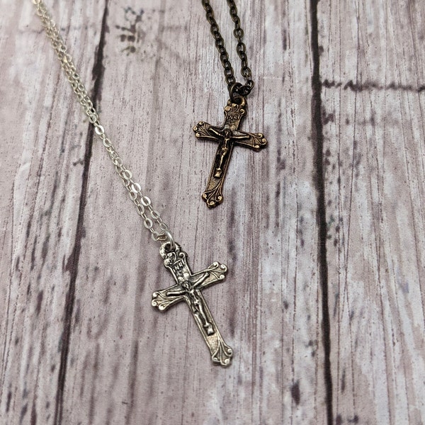 Catholic Religious Medal Necklace Petite Crucifix Cross in Antique Bronze or Sterling Silver