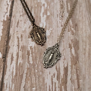 Miraculous Medal Catholic Religious Medal Chain Necklace Antique Bronze Sterling Silver image 8