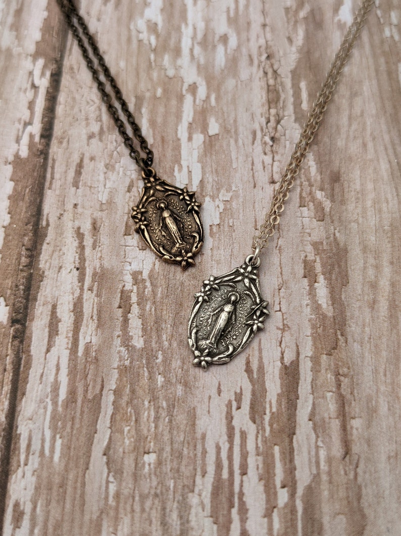 Miraculous Medal Catholic Religious Medal Chain Necklace Antique Bronze Sterling Silver image 8