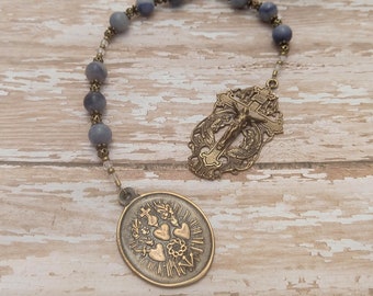 Three Hearts Chaplet Holy Family Catholic Rosary Beads Antique Bronze Blue Immaculate Heart of Mary Sacred Heart of Jesus St. Joseph