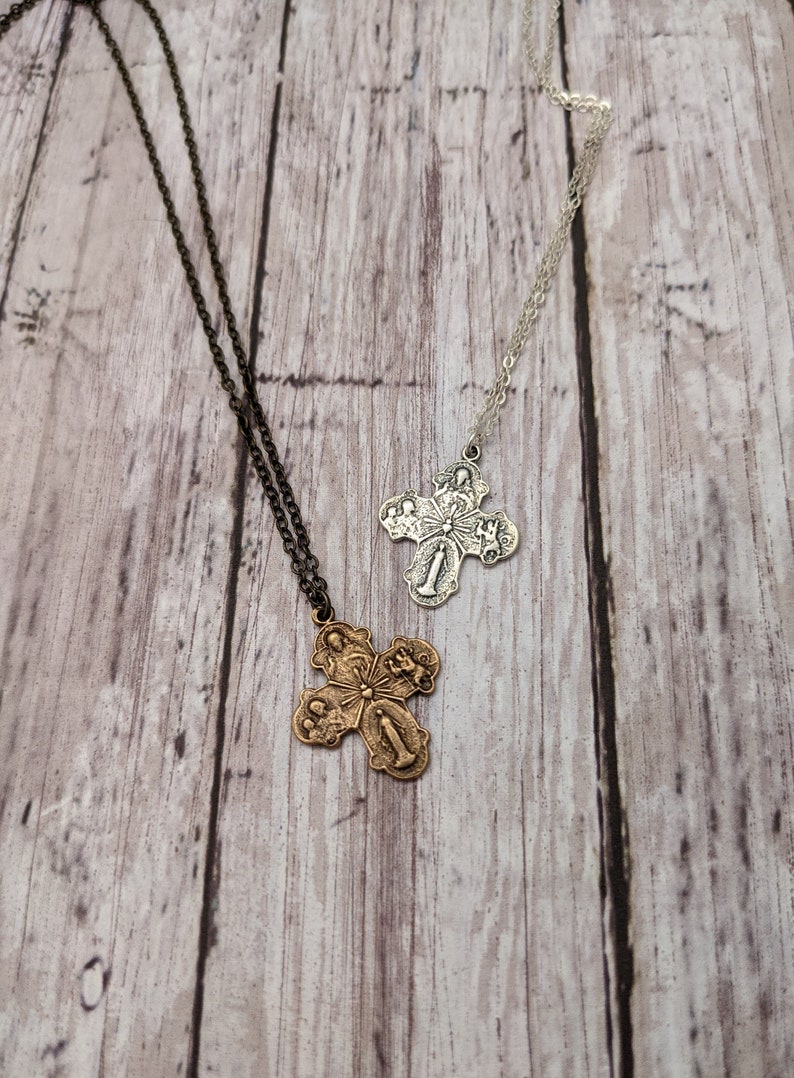 Catholic Religious Medal Necklace with Four Way Cross in Antique Bronze or Sterling Silver image 1