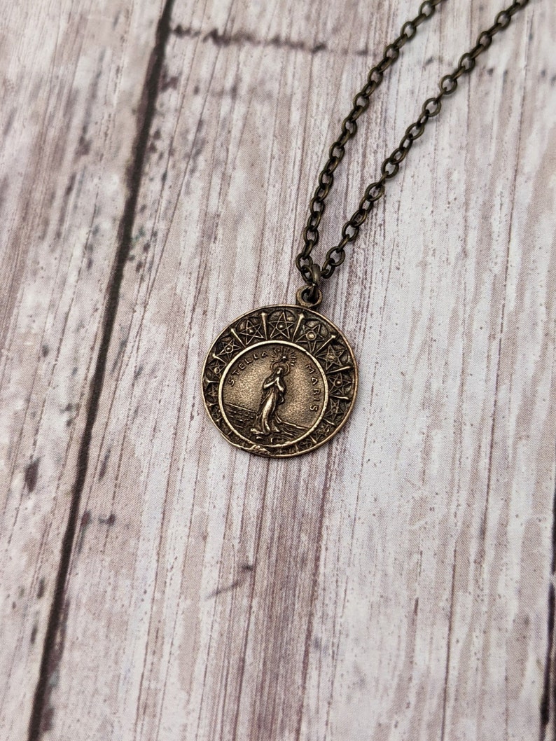 Stella Maris Catholic Medal Necklace Our Lady Star of the Sea Antique Bronze Sterling Silver Patron of Travelers Seafarers Sailors image 4