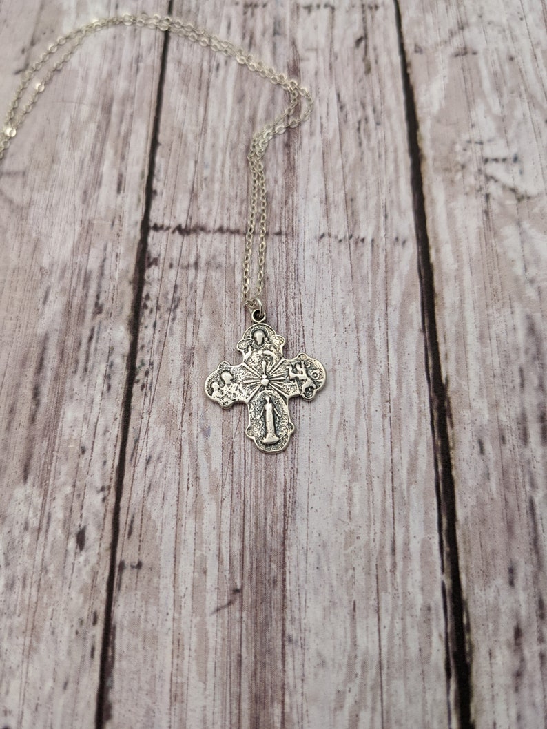 Catholic Religious Medal Necklace with Four Way Cross in Antique Bronze or Sterling Silver image 5