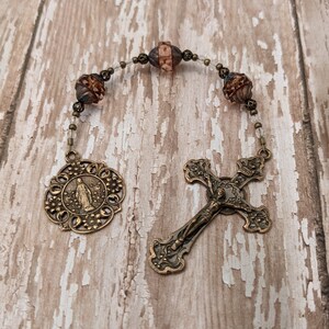 Catholic Rosary Three Hail Marys Devotion Chaplet in Bronze and Pink Glass image 3