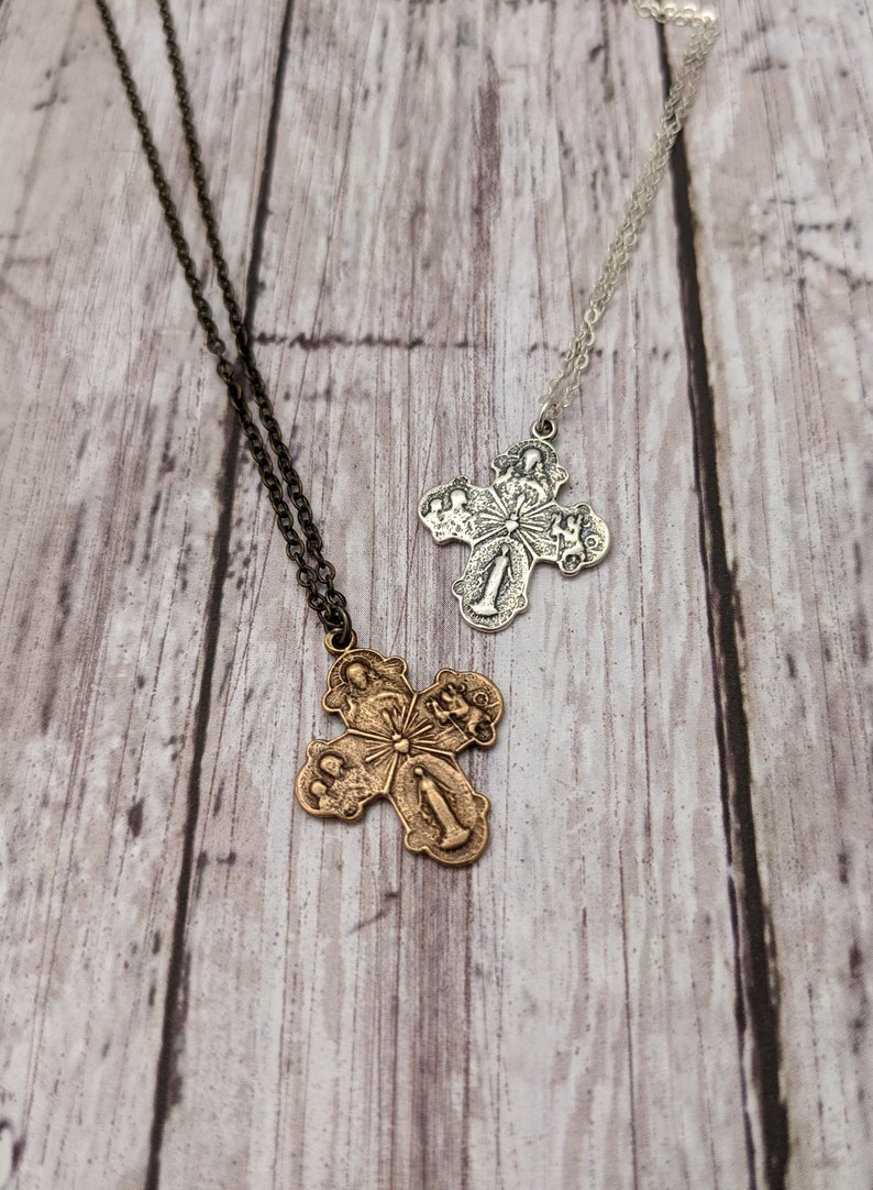 Catholic Religious Medal Necklace with Four Way Cross in Antique Bronze or Sterling Silver image 7