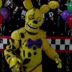 May include: A yellow rabbit costume with a weathered texture, featuring black patches, a purple bow tie, and two black buttons on the torso. The head has large ears, one bent, and glowing white eyes. The character has a wide, toothy grin.