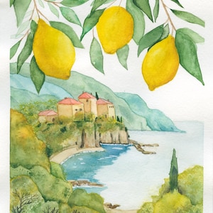 Lemon Tree Shoreline Amalfi Coast Watercolor Painting