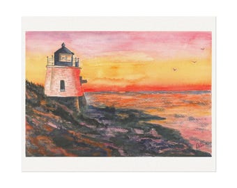 Serene Küstenposter, nautische Wandkunst, Aquarell-Leuchtturm-Dekor, Strand-Haus Ästhetik, Ozean-Sonnenuntergang-Druck