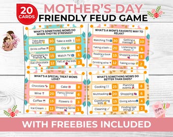 Mother’s Day Friendly Feud Game | Fun Printable Mother’s Day Party Game for Kids and Adults, free bookmarks and photo booth props