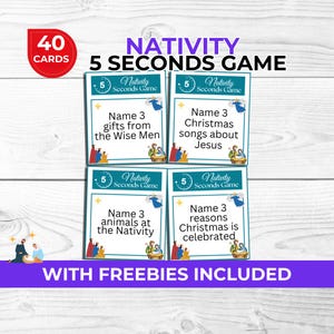 May include: A game with four cards, each with a different prompt related to the Nativity. The game is called "Nativity 5 Seconds Game" and includes prompts like "Name 3 gifts from the Wise Men." The game includes 40 cards.