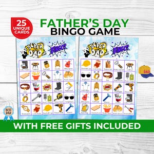 Tarjetas de bingo para el Día del Padre para niños, adultos y familias: Diversión imprimible con el juego de pelea amistosa del Día del Padre y accesorios para fotomatón.