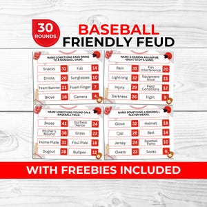 May include: A Baseball Friendly Feud game set featuring 30 rounds of trivia questions on four white cards with red accents. Each card displays survey-style questions and point values related to baseball, including snacks, rain, bases, and player gear.