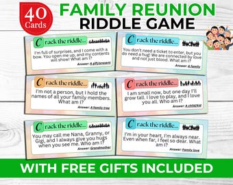 Family Reunion Riddle Game – Fun Trivia for Kids & Adults – Free Family Reunion Word Search Puzzle and Photo Booth Props – Party Game