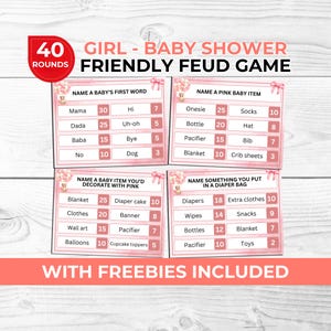Baby Shower Friendly Feud Game Pink Printable | Fun Baby Shower Game for Guests | Friendly Team Game with Free Charades & Left Right Story