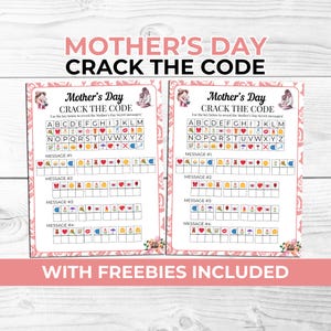 Op de afbeelding: Twee Moederdag-activiteitenbladen met de tekst "Mother's Day Crack the Code". Elke pagina heeft een sleutel met het alfabet en symbolen om geheime berichten te decoderen. De onderkant van de afbeelding luidt "With Freebies Included".