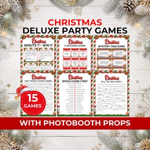 May include: A collection of Christmas party game sheets featuring titles like Minute to Win It, 5 Seconds Game, Mystery Task Game, Left Right Story Game, Which Came First, and Fill in the Story, with a red circle badge stating 15 Games.