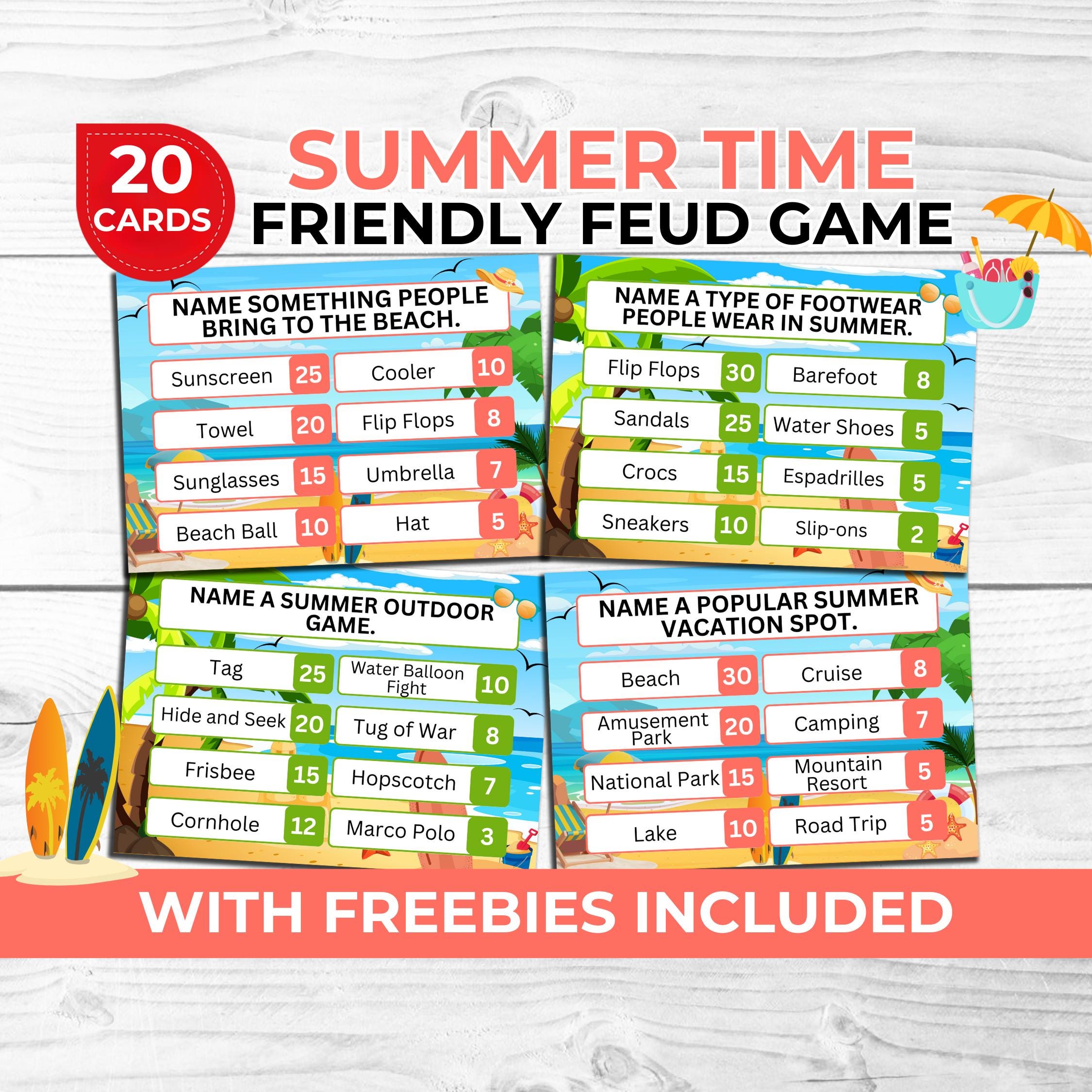 Summer Friendly Feud Game Printable, Perfect for Family and Friends, Free Summer Charades Game & Photo Booth Props - Ideal for Beach Parties