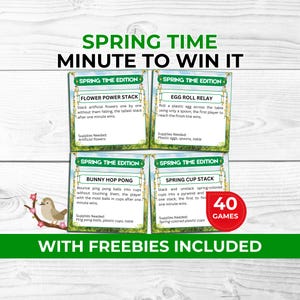May include: A game set titled "Spring Time Minute to Win It" with four game cards: Flower Power Stack, Egg Roll Relay, Bunny Hop Pong, and Spring Cup Stack. The set includes 40 games and the text "With Freebies Included."