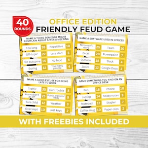 Office Party Friendly Feud Game Bundle for Coworkers | Funny Team Building Trivia for Work Events + Free Office Charades and Left Right Game