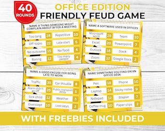 May include: A Friendly Feud Game, Office Edition, with 40 rounds. The game includes cards with categories like "Name a thing someone might complain about after a meeting" and "Name a software used in offices." The game includes freebies.