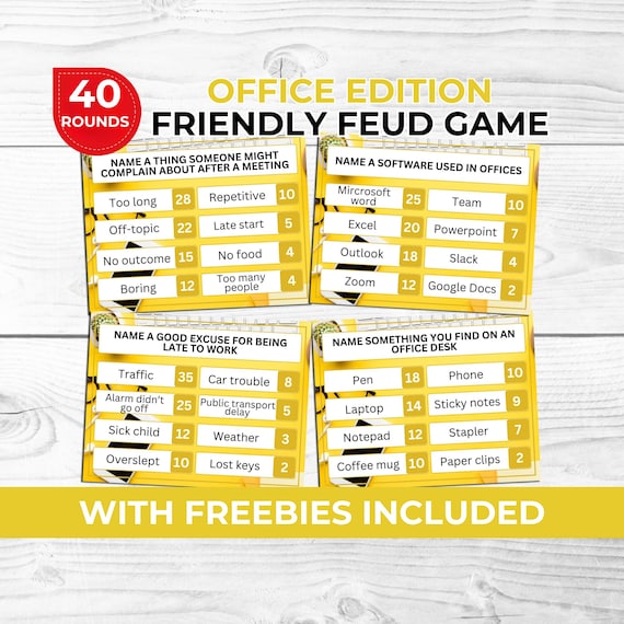 Office Party Friendly Feud Game Bundle for Coworkers | Funny Team Building Trivia for Work Events + Free Office Charades and Left Right Game