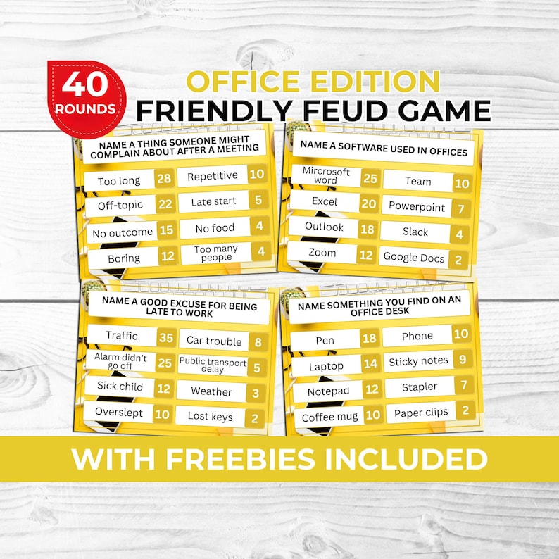 Office Party Friendly Feud Game Bundle for Coworkers | Funny Team Building Trivia for Work Events + Free Office Charades & Left Right Game