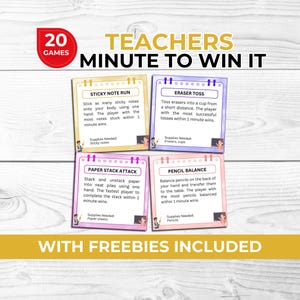 May include: Four game cards with instructions for classroom activities. The cards are labelled "Sticky Note Run," "Eraser Toss," "Paper Stack Attack," and "Pencil Balance." The image also includes the text "20 GAMES" and "TEACHERS MINUTE TO WIN IT."