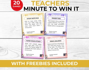 May include: A set of four game cards with instructions for classroom activities. The cards are labeled "Sticky Note Run," "Eraser Toss," "Paper Stack Attack," and "Pencil Balance." The image also includes the text "20 GAMES" and "TEACHERS MINUTE TO WIN IT."