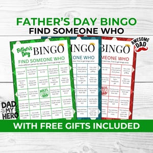 Bingo voor vaderdag Vind iemand die leuk is: leuk vaderfeest voor kinderen en volwassenen + gratis trivia-quiz en fotohokjes voor vaderdag