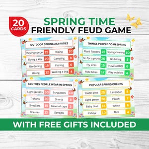 Jogo Spring Feud para imprimir | Divertido game show estilo Spring Feud para famílias, adultos e crianças | Cartões de charadas de primavera grátis e adereços para cabine de fotos