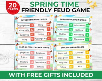 Spring Feud Game Printable | Fun Spring Feud Style Game Show for Families, Adults & Kids | Free Spring Riddle Cards and Photo Booth Props