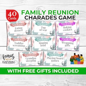 Charadas para reuniones familiares: juego divertido para todas las edades, actividad imprimible para reuniones familiares, bingo y accesorios para fotomatón gratis.