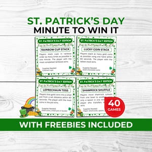 May include: A St. Patrick's Day Minute to Win It game set with four different game cards: Rainbow Cup Stack, Lucky Coin Stack, Leprechaun Toss, and Shamrock Shuffle. The set includes 40 games and the text "With Freebies Included".