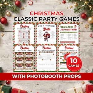 May include: A collection of Christmas classic party games featuring six printable sheets including Friendly Feud, Who Is Most Like Santa, What Is Your Jolly Holiday Name, Charades, Getting To Know Your Jolly Holiday Buddy, and Conversation Starter.