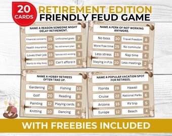 Retirement Friendly Feud Game for Coworkers & Family | Funny Party Quiz Game + Free Charades Cards and Photo Booth Props | Printable Fun