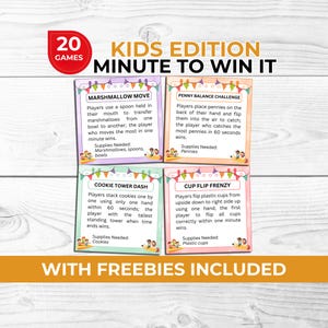 Peut inclure: Un jeu de société coloré intitulé "Minute to Win It: Kids Edition" avec quatre cartes de jeu. Les jeux incluent Marshmallow Move, Penny Balance Challenge, Cookie Tower Dash et Cup Flip Frenzy. L'ensemble comprend 20 jeux et des cadeaux.