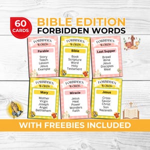 Gioco delle parole proibite - Edizione della Bibbia - Divertente gioco cristiano per gruppi religiosi e ministero giovanile, segnalibri biblici gratuiti e accessori per cabine fotografiche