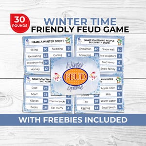 Printable Winter Friendly Feud Game for Families, Kids & Adults Fun Holiday Party Game with Charades Cards and Photo Booth Props