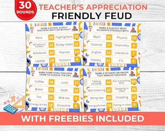 Teacher Appreciation Day Feud Game Printable for Teachers & Students, School Staff Party Game with Charades Cards and Left Right Story