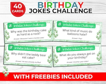 Birthday Jokes Challenge Cards for Kids & Adults – Funny Party Game with Free Birthday Feud and Photo Booth Props – Family Game Night Fun